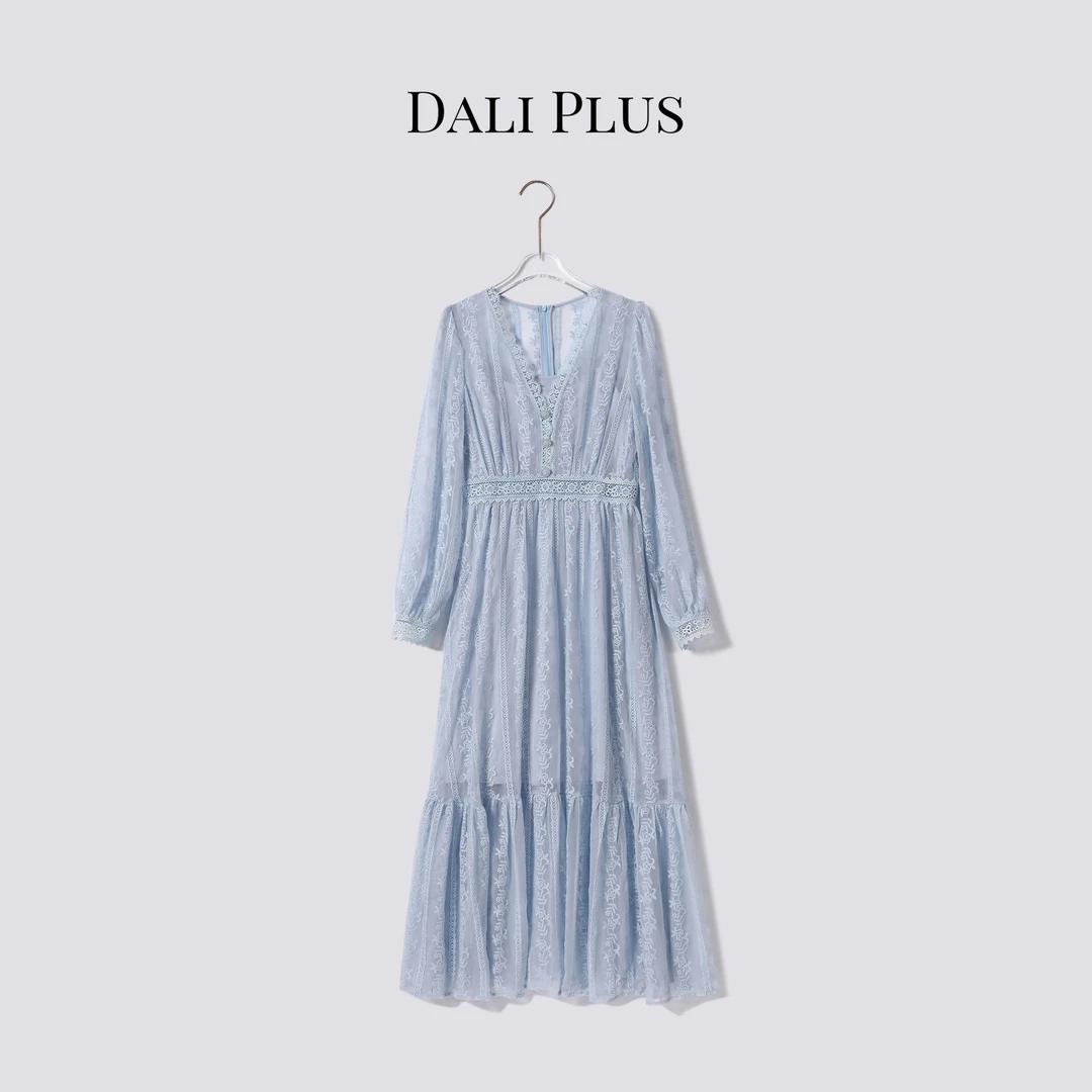 DALI PLUS浪漫法式风情 蕾丝V领两件套长袖系带连衣裙-D5CH4149