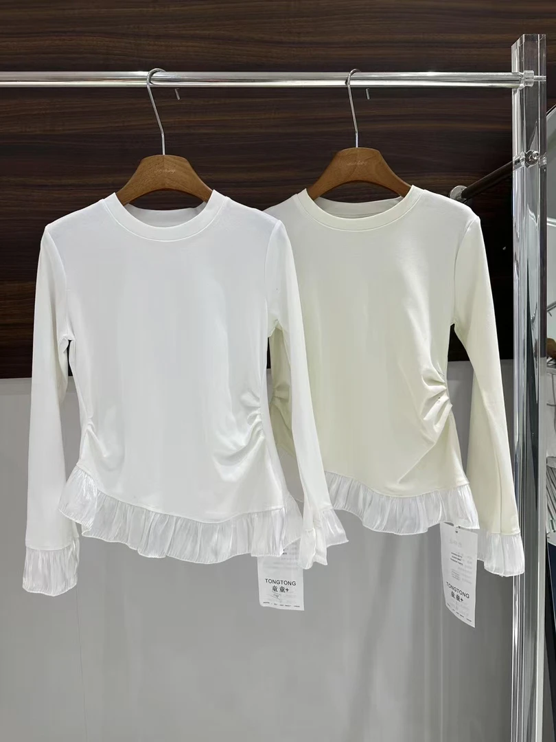 春季新款长袖纯色拼接圆领简约短款时尚白色打底上衣