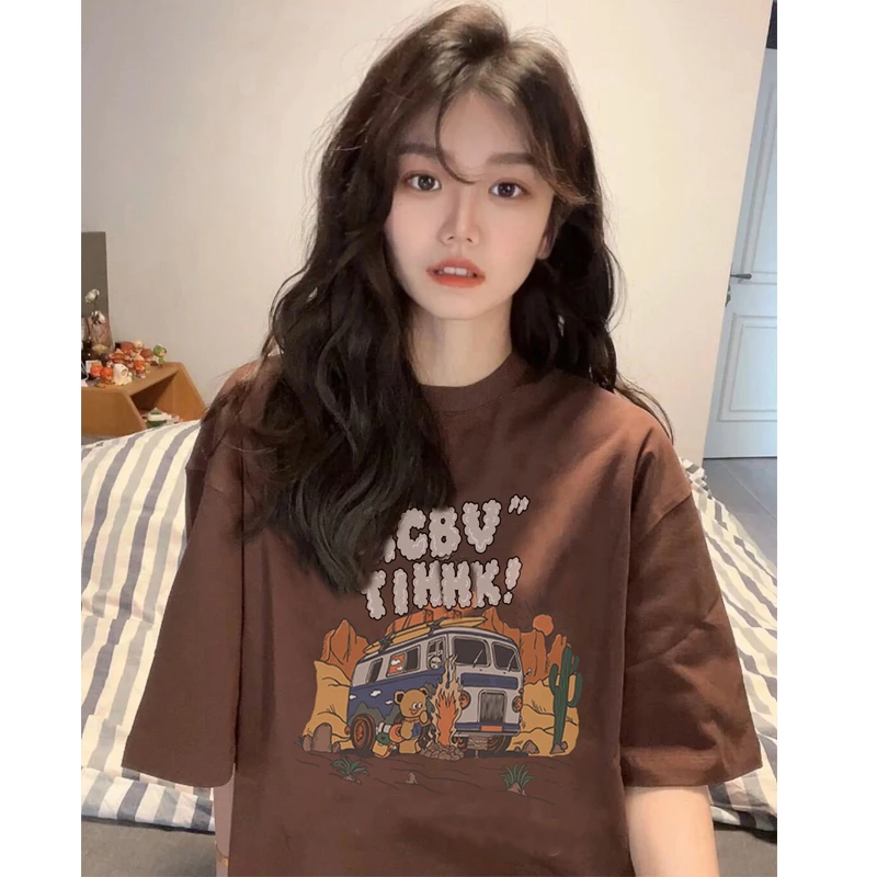 纯棉美式复古个性卡通百搭短袖t恤女款夏季宽松小众半袖上衣学生