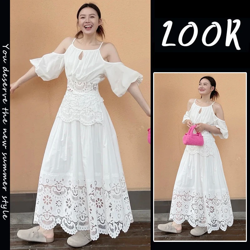 温柔风穿搭套装女法式气质蕾丝露肩泡泡袖上衣搭配白色镂空半身裙