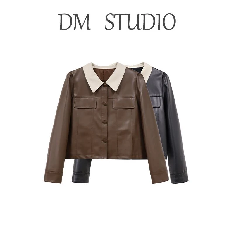 XX DM10350【巴黎旧照】领口袖口撞色假袋设计+立体分割线短款皮衣