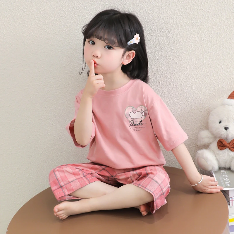 女童装睡衣七分裤两件套装夏季纯棉儿童睡衣春日慢人风居家家居服