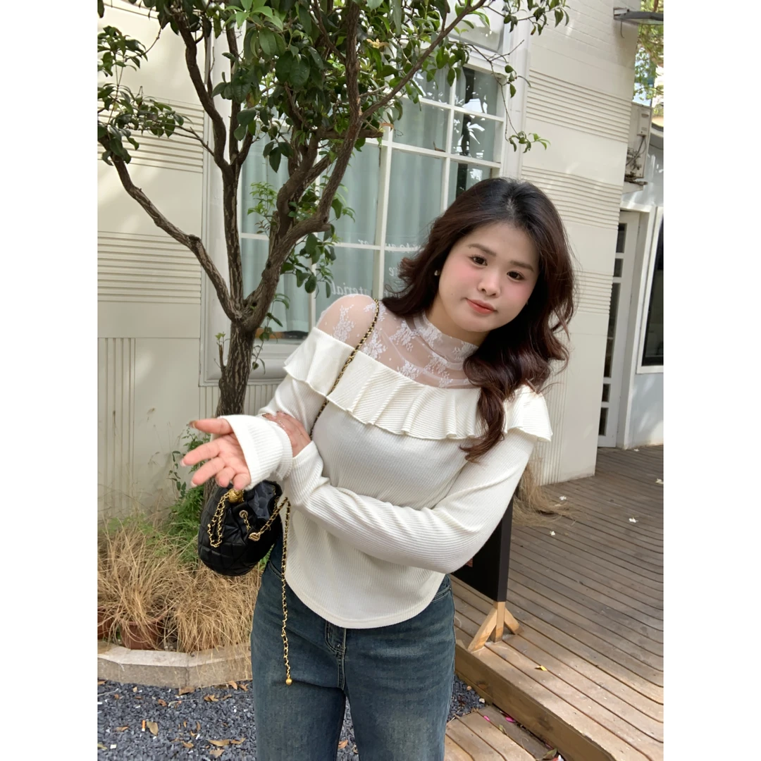 青苍【秋栀】大头婷微胖定制秋季法式蕾丝拼接针织衫荷叶边修身上衣