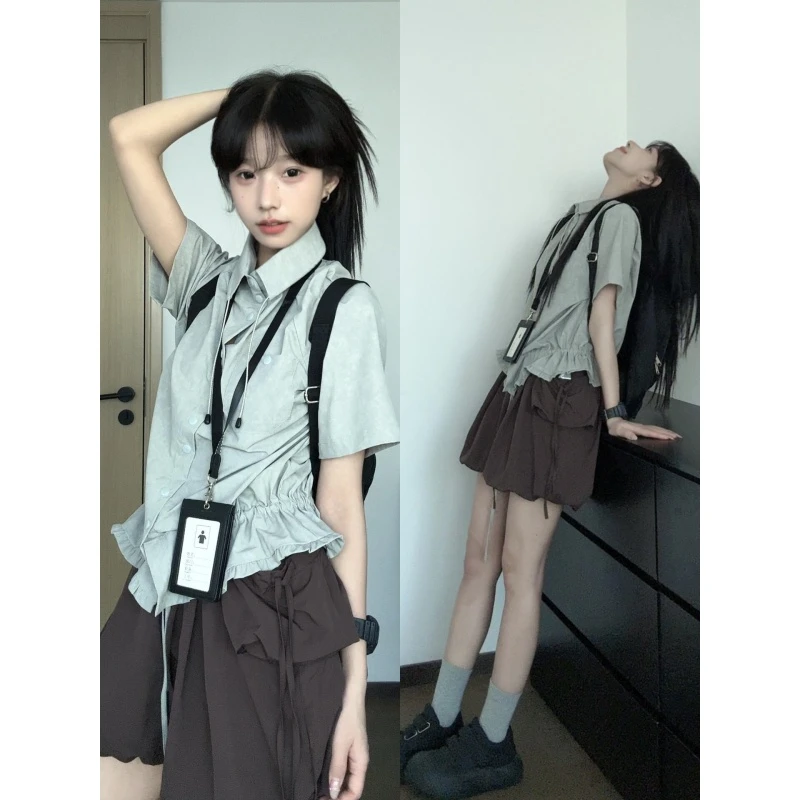 MARIE.COCO日系复古学院风设计感抽绳衬衣搭配松弛感花苞短裤套装