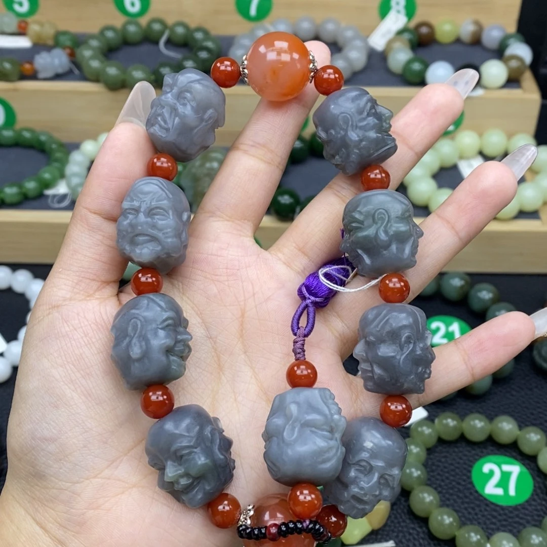 和田玉手链未镶嵌十八罗汉