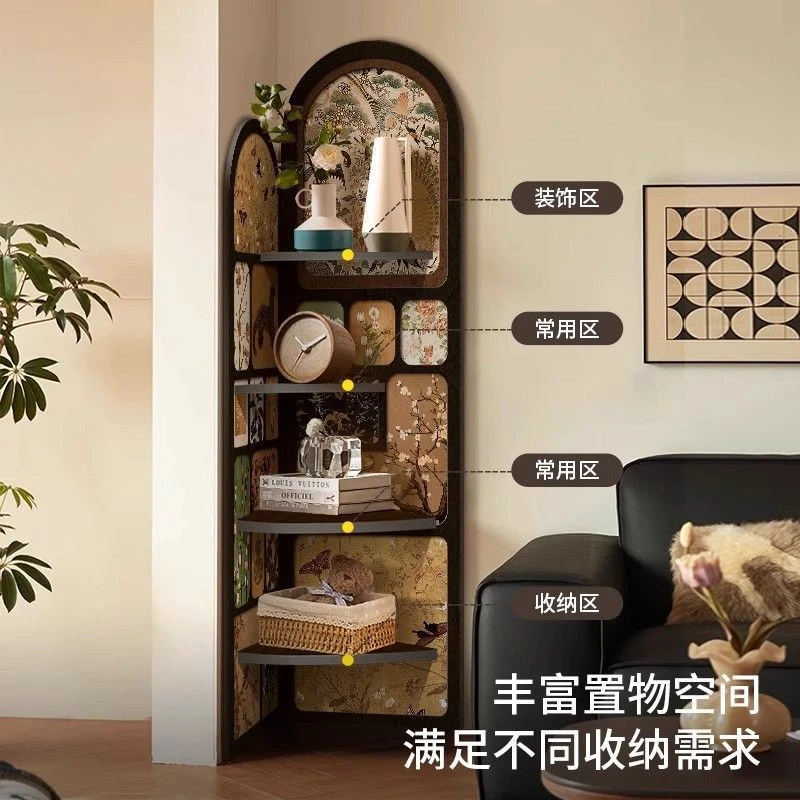 中古风装饰画客厅电视柜旁转角柜复古置物架多层收纳柜三角柜03