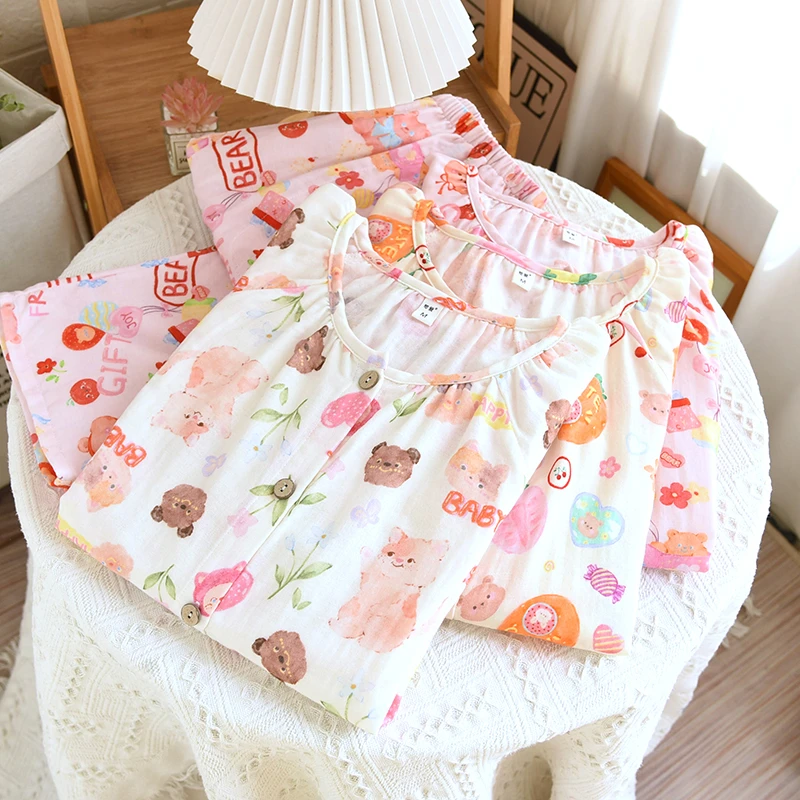 精致卡通~双层棉纱睡衣女纯棉春夏薄款圆领长套女生可外穿家居服