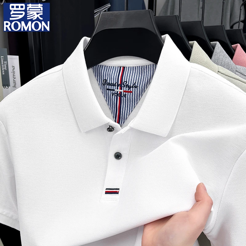 罗蒙纯棉短袖t恤男士夏季商务休闲高级感男装纯色全棉翻领POLO衫