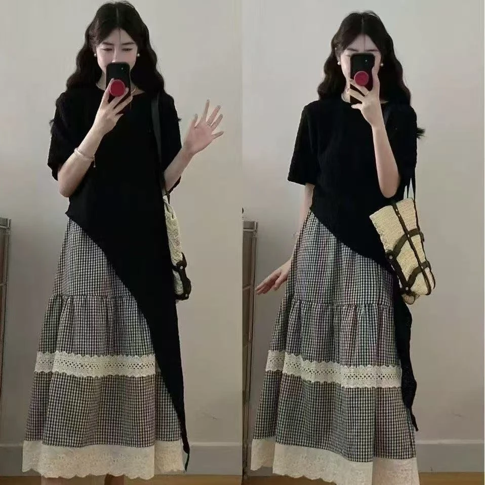 2025高腰新款夏季复古蕾丝花边拼接蛋糕格子半身裙裙子长裙两件套
