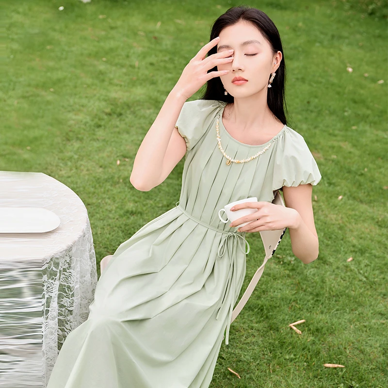 Q842438连衣裙 香影薄荷曼波连衣裙女夏季新款圆领压褶