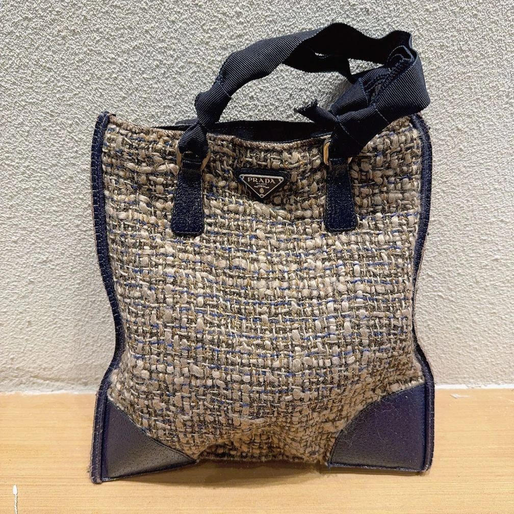 95新 Prada/普拉达  棕拼黑色编织手提包 1435 9312