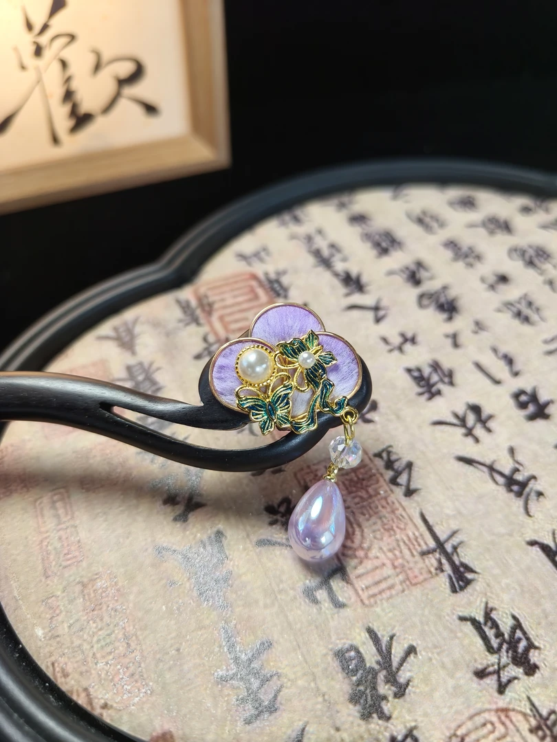 [秋意]檀木发簪非遗绒花手工掐丝国潮新中式日常盘发配饰