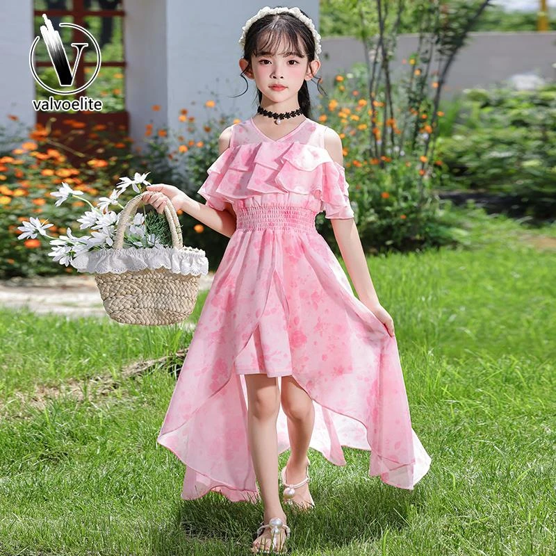 VALVOELITE女童连衣裙2025新款夏季公主雪纺裙子中大童拖尾沙滩裙