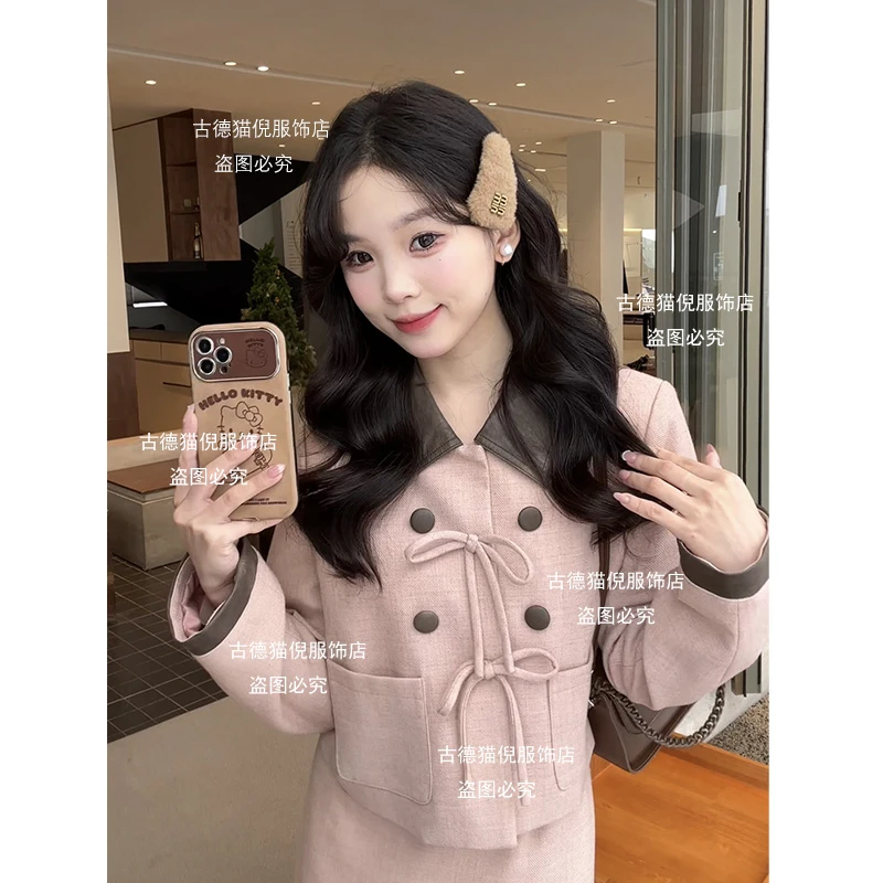 【情书】春季翻领小香风拼皮时尚气质高级感两件套套装