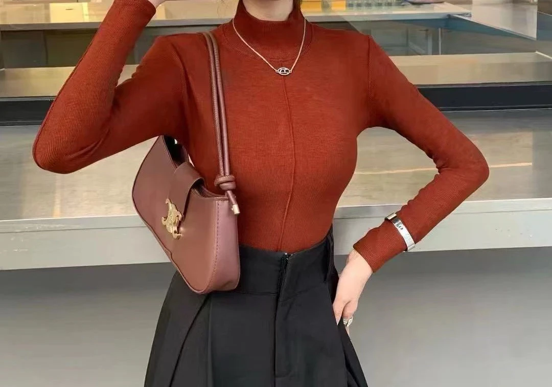 【暮色盎然】秋冬法式半高领针织衫女修身气质打底 9802