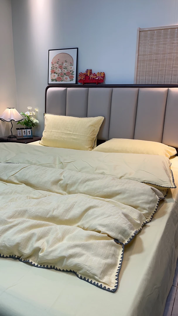 [全棉四件套]贝壳针全棉纯色华夫格四件套全棉可机洗柔软亲肤