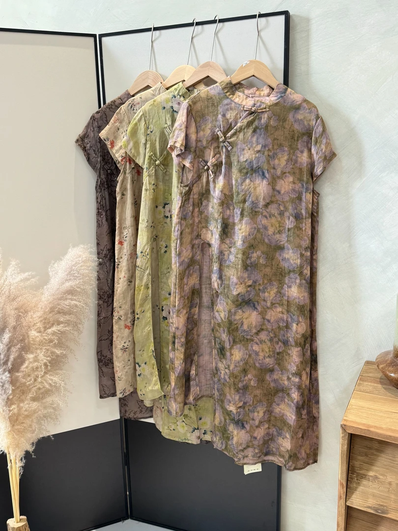 苎麻新中式碎花旗袍~夏季别致国风盘扣短袖衬衫