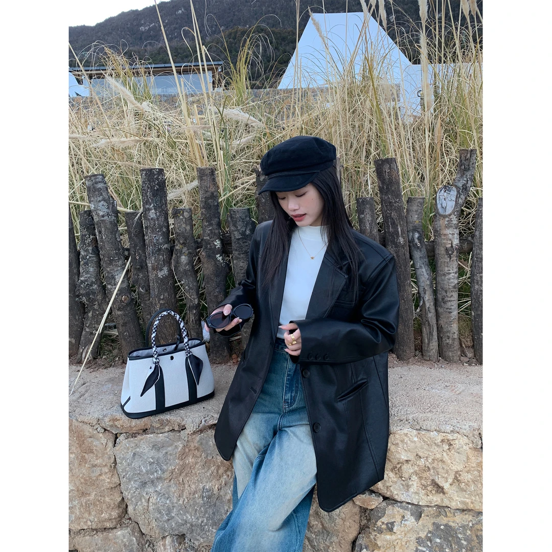 pusumede分割造型复古皮衣西装外套女宽松气质休闲高级感廓形上衣