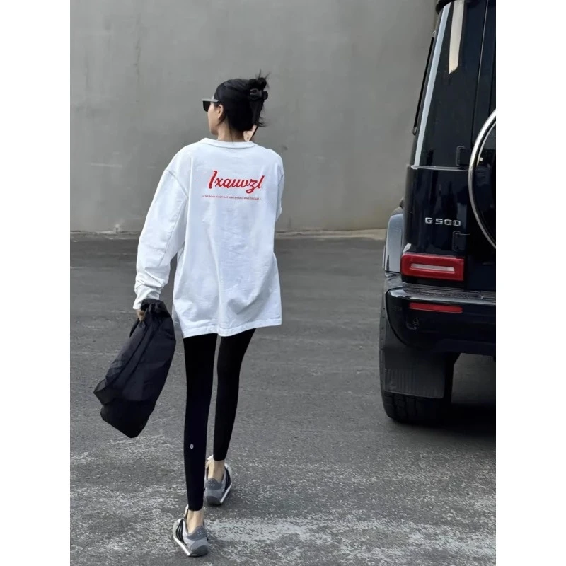 100%纯棉白色百搭长袖T恤女春秋冬大版宽松复古打底衫内搭上衣潮