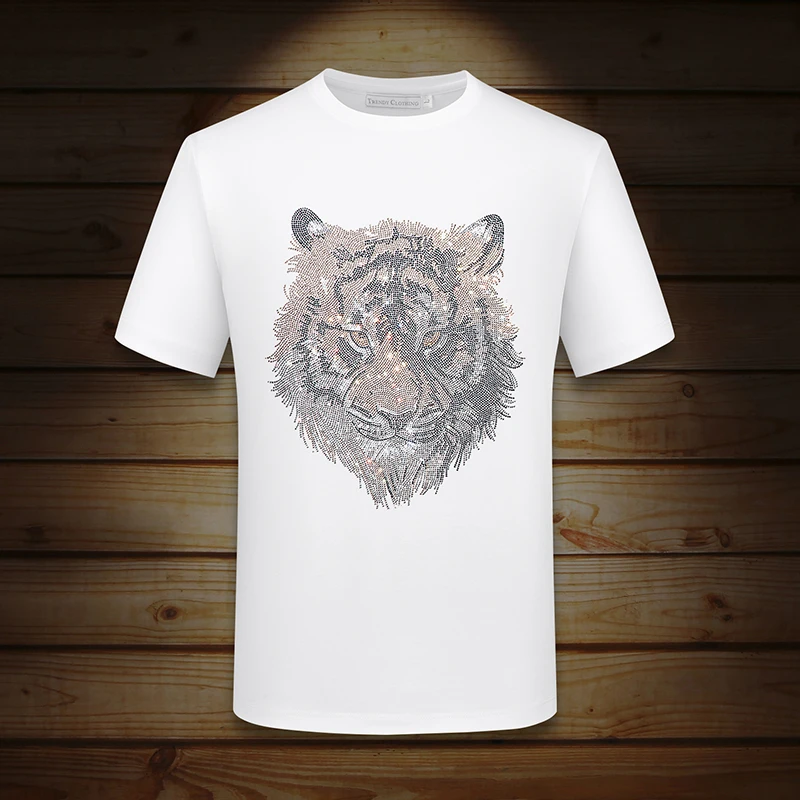 维麦帕通WENMAPAETON男士t恤短袖烫钻老虎头夏季修身衣服大码半袖