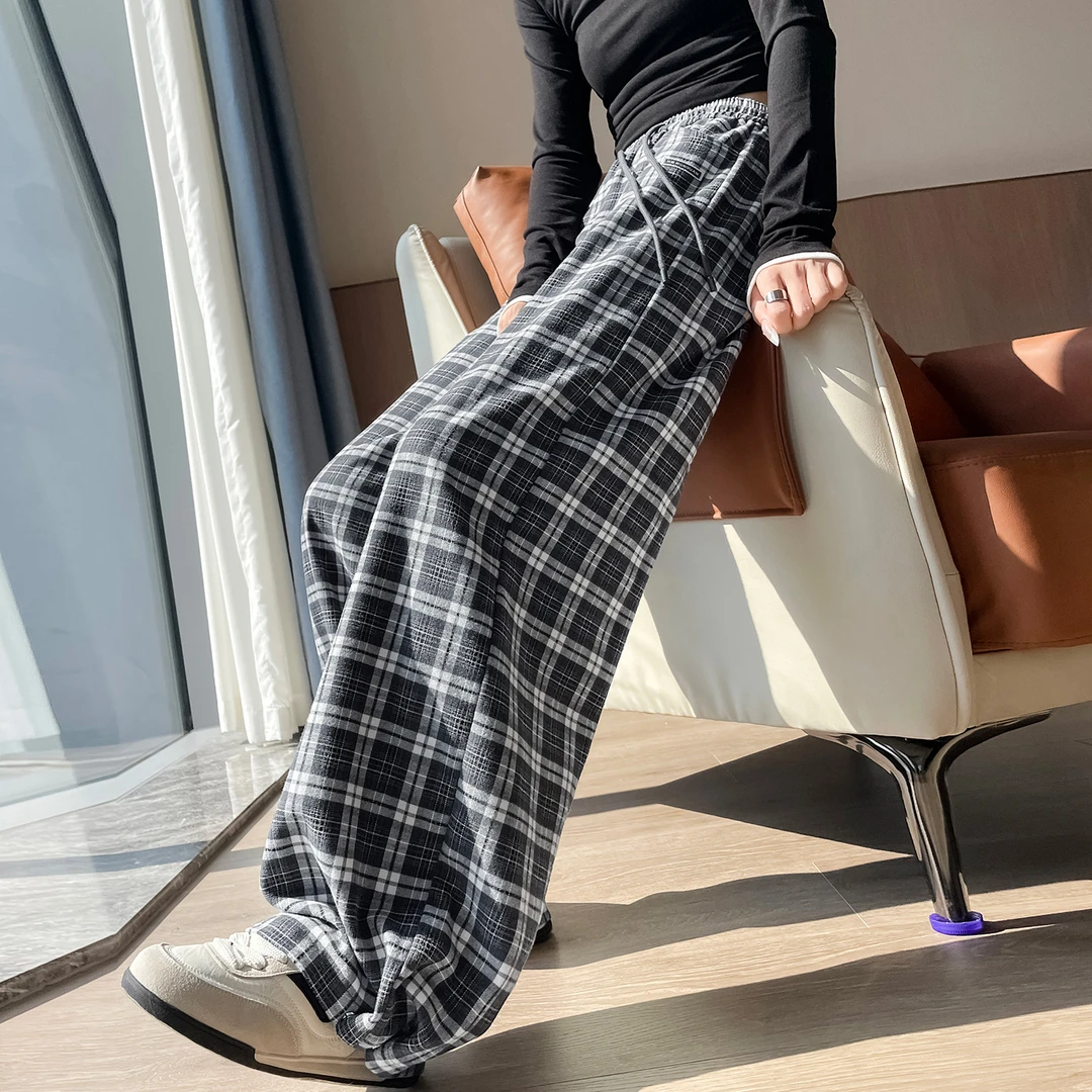 窄版黑白格子阔腿裤女春秋新款高腰宽松显瘦垂感休闲拖地直筒裤子