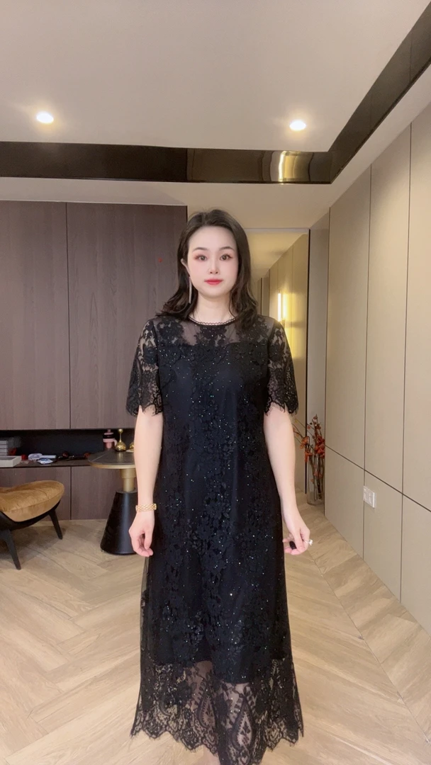 25069Q蕾丝圆领女士宽松显瘦休闲日常连衣裙m118