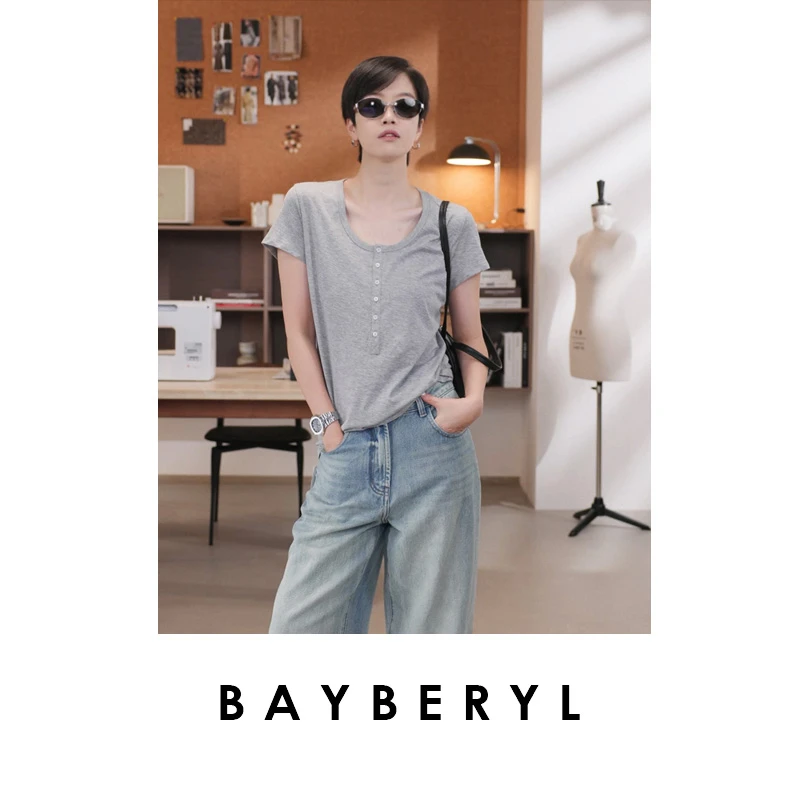 BAYBERYL老贝灵地思*亨利领柔肤百搭透气25夏短袖T恤NT5G0321-8/3