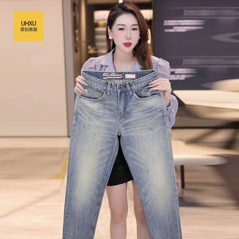 UHXU高端赤耳丹宁牛仔裤男修身弹力小脚裤秋冬新款设计感直筒长裤