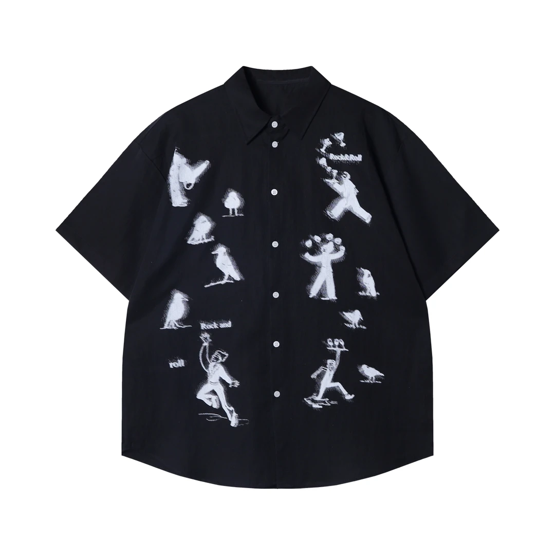 夏季高级感新款美式卡通人物简约短袖衬衫百搭简约复古翻领衬衣