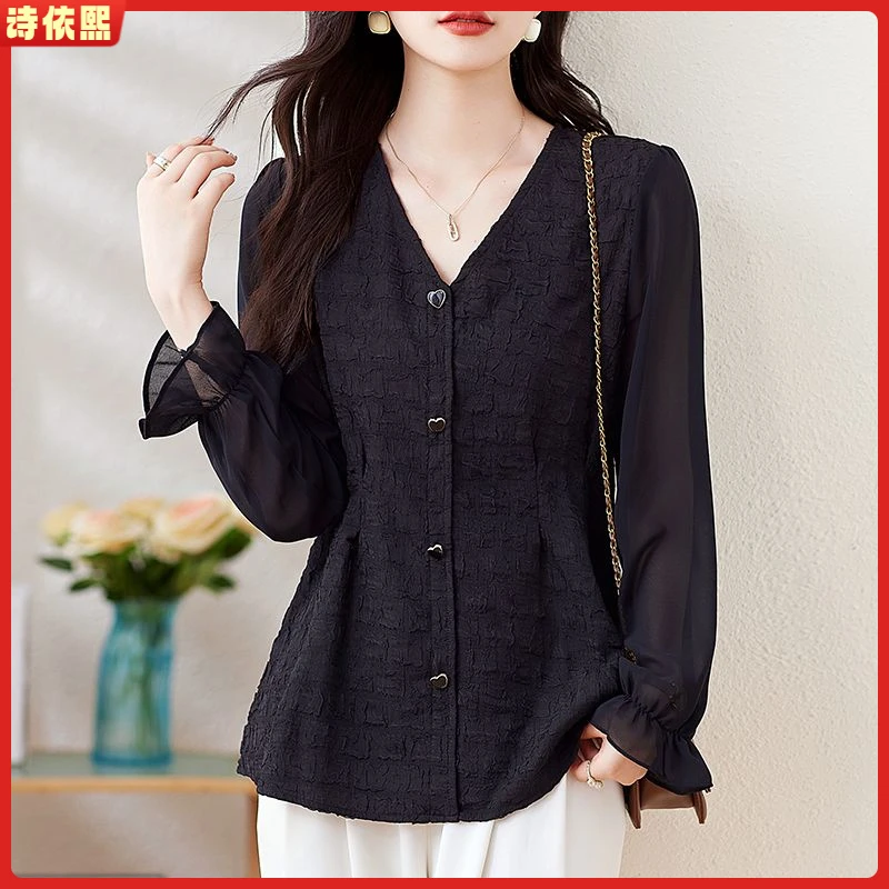 1时尚法式2025显瘦设计衬衫小衫秋季收腰遮肉长袖大码上衣l