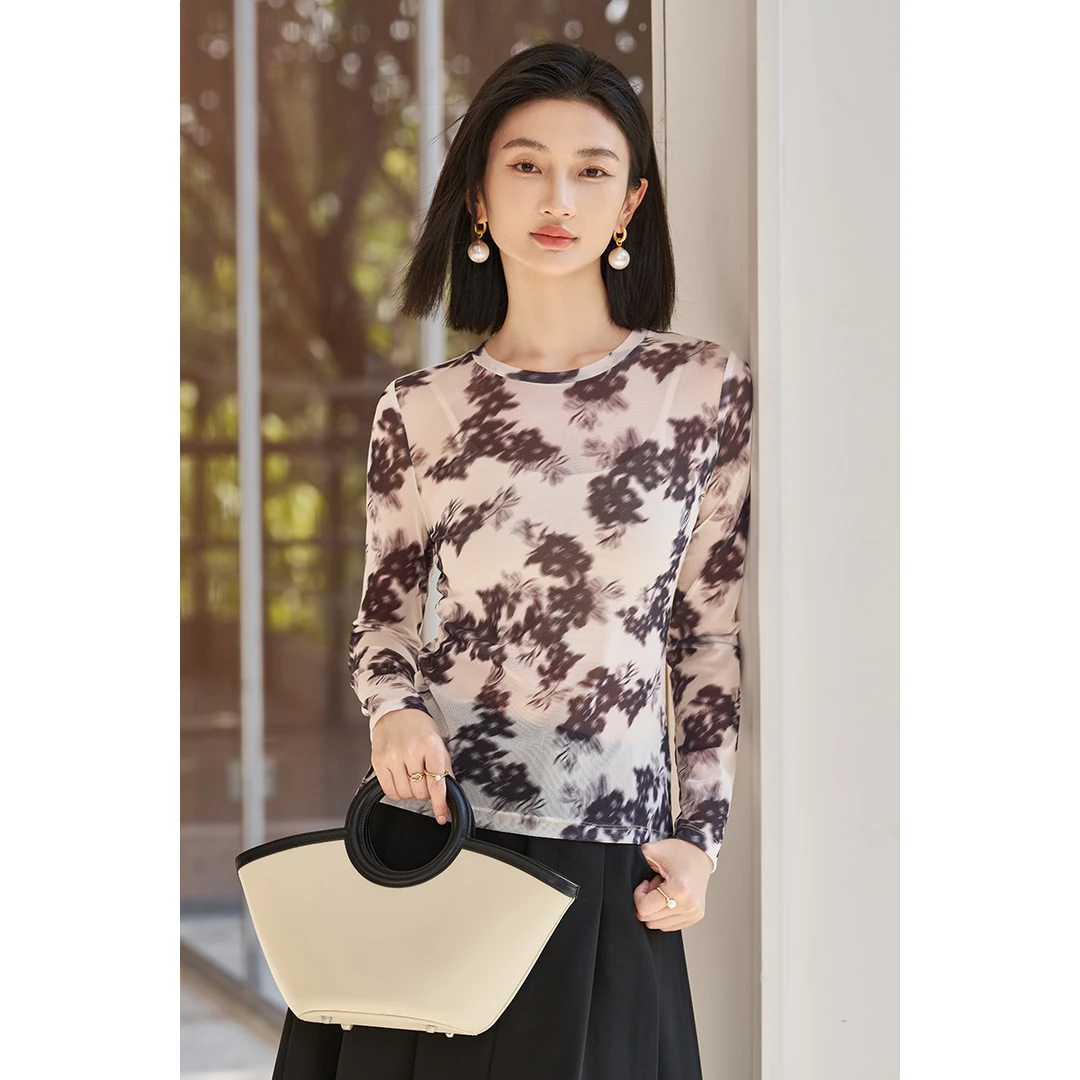 米思阳春季新款时尚印花长袖T恤打底衫气质百搭上衣女5R25AT5519