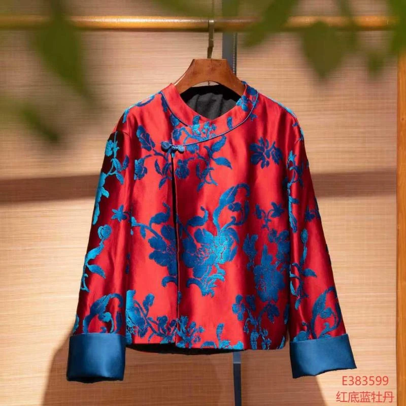 【锦系】漳绒中式国风桑蚕丝袖口撞色圆领斜襟长袖外套上衣E-383599