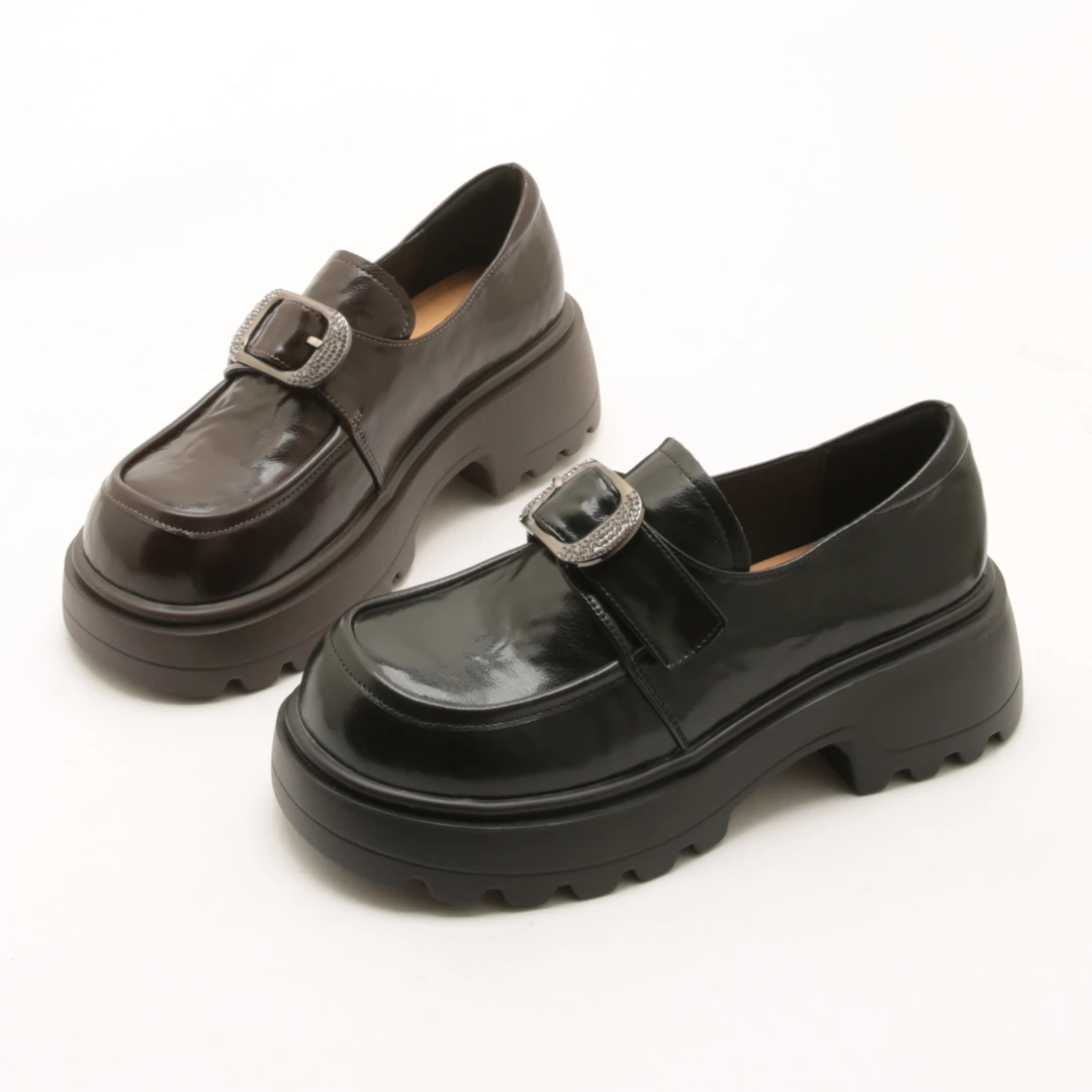 5928春季新款圆头厚底粗跟乐福单鞋女英伦风增高轻便小皮鞋