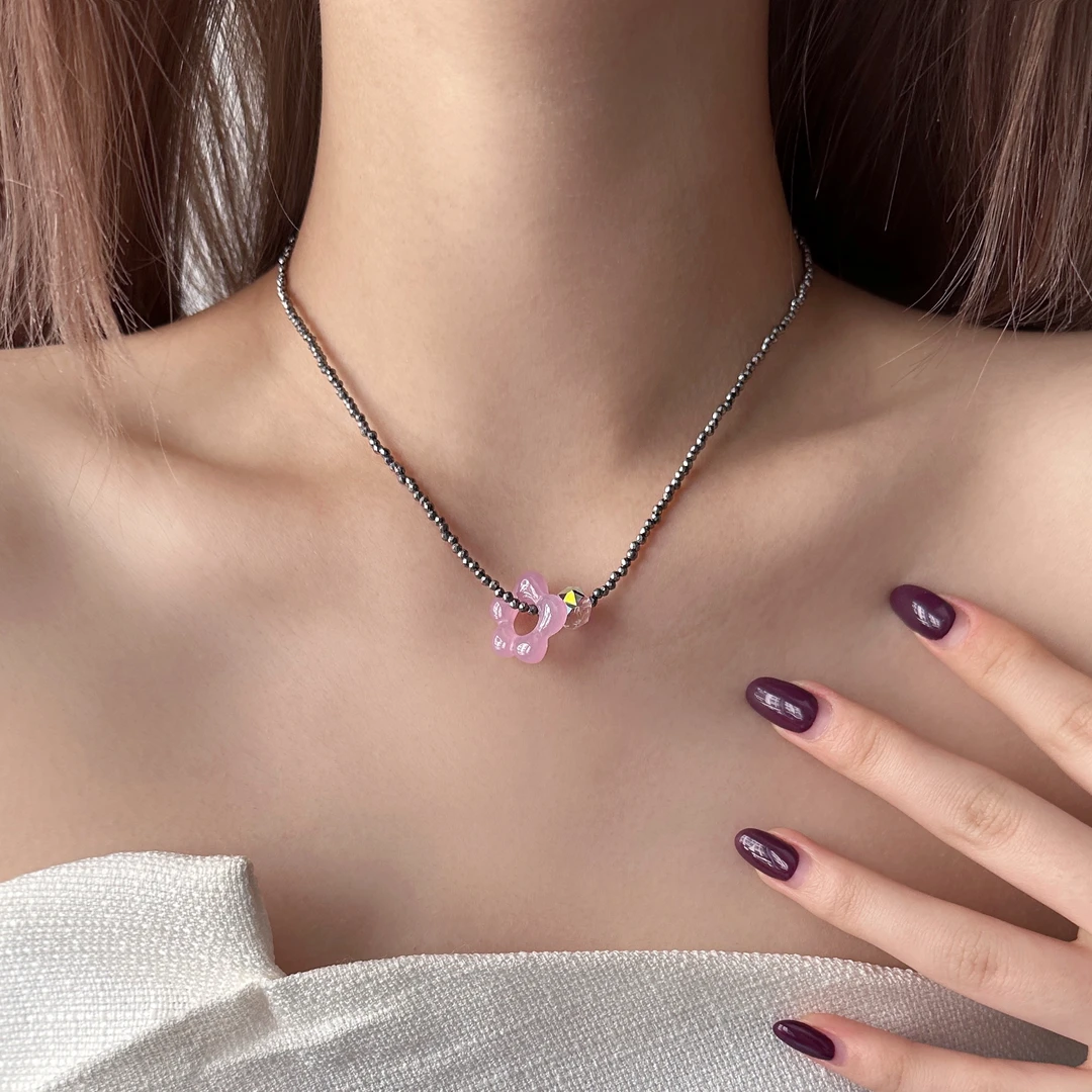 合金亚克力项链 X5425-1简约精致甜美百搭时尚高级感紫色花朵项链