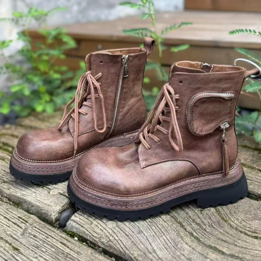 原创手工拉丝意大利复古进口马皮百搭休闲时尚德比马丁靴男女同款