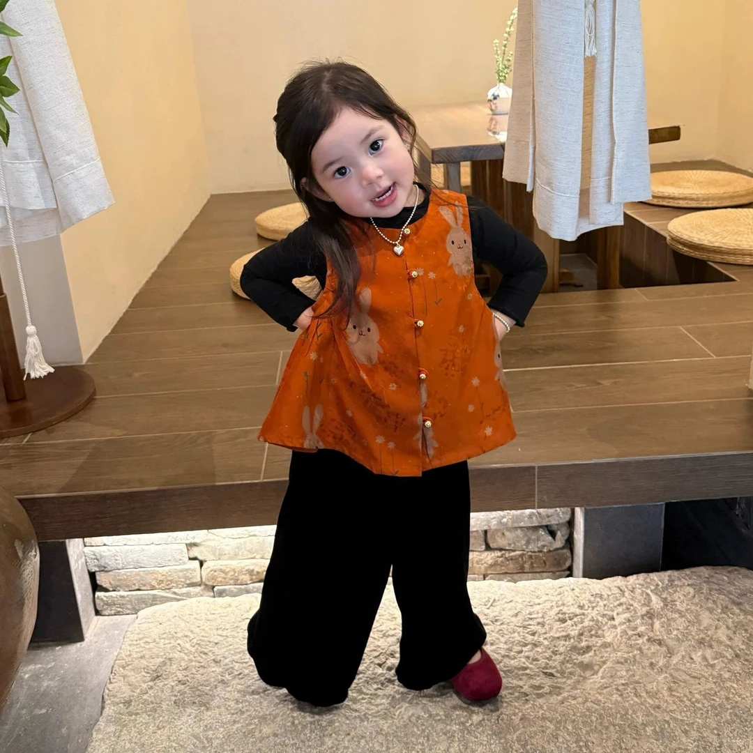 女童新中式秋装2025新款女孩中秋汉服圆领马甲儿童复古唐装背心潮