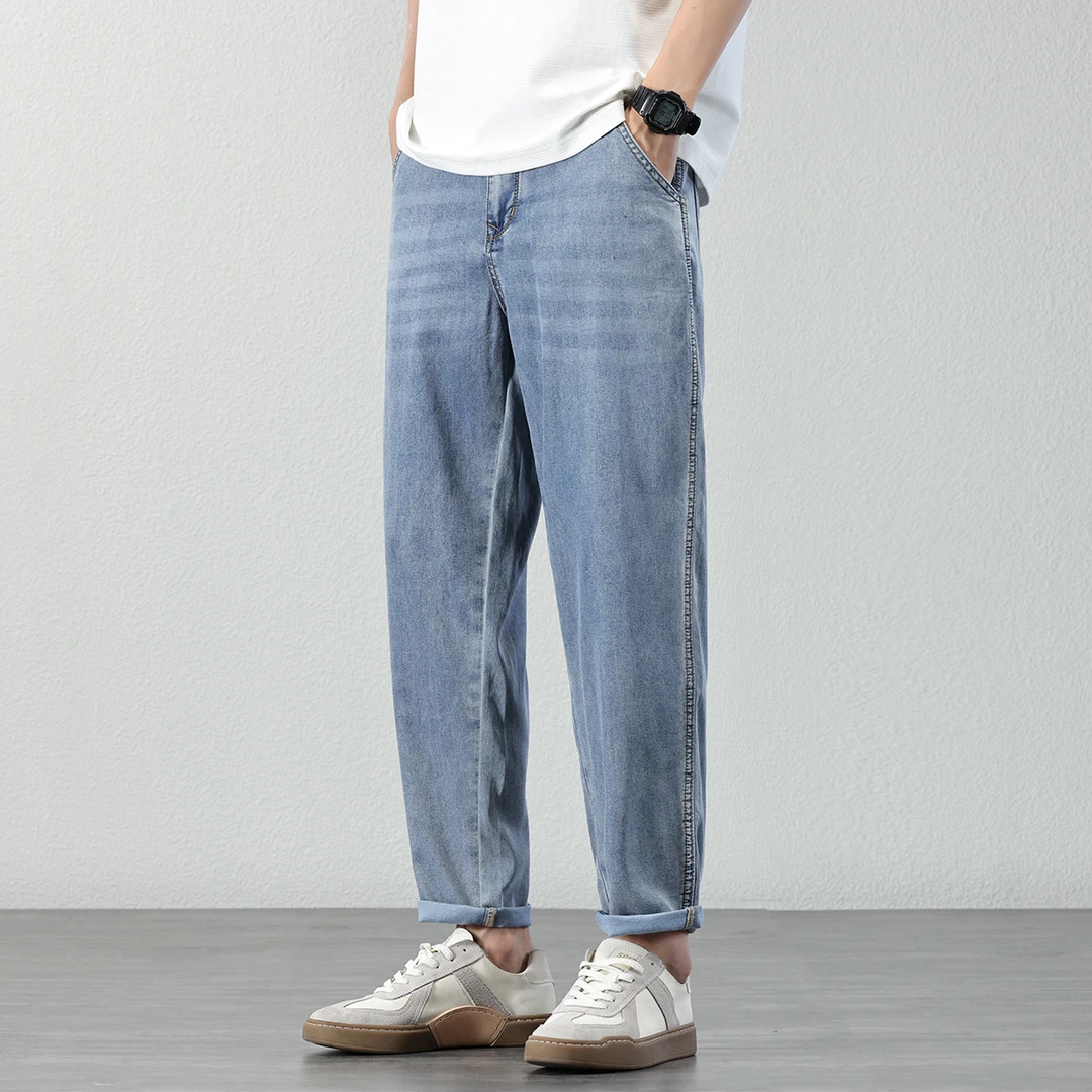 冰丝牛仔裤男士夏季薄款天丝莱赛尔2025新款休闲宽松直筒九分裤子