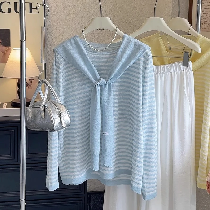 软奶蓝圆领长袖条纹冰丝T恤罩衫女春韩系宽松防晒上衣披肩两件套