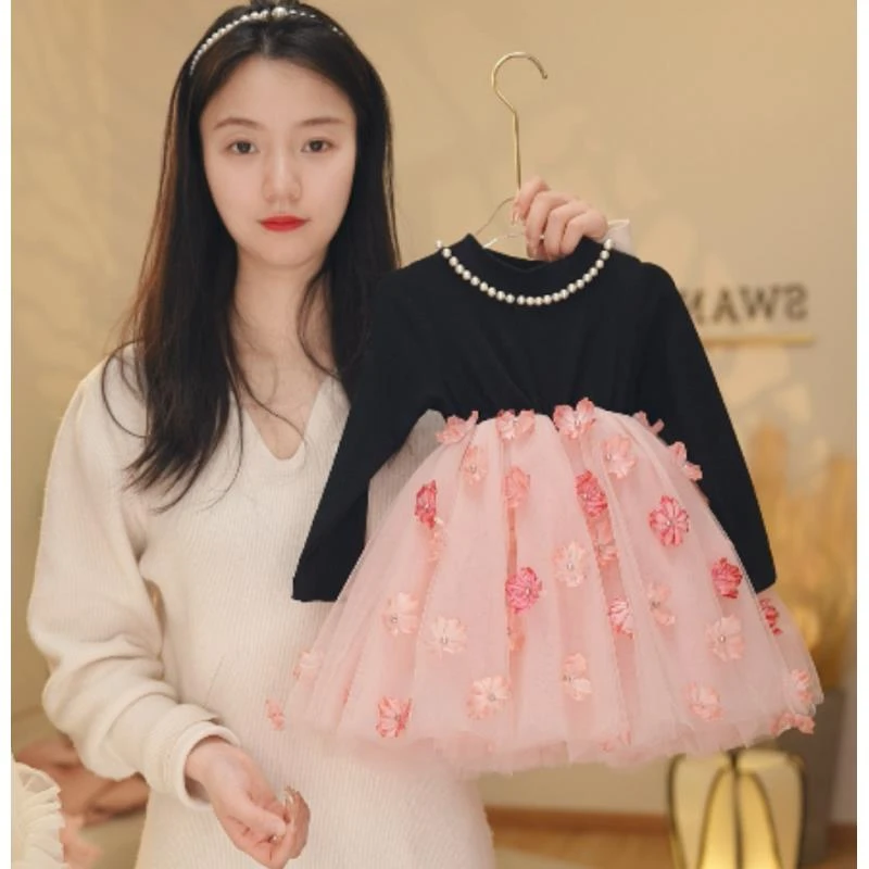 【Y.a8604】25新款女童港风重工亮片珍珠领公主裙女宝立体花连衣裙