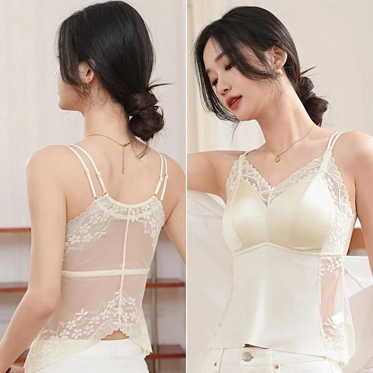 可外穿缎面蕾丝双肩带美背心蛮腰显瘦设计带胸垫吊带内衣