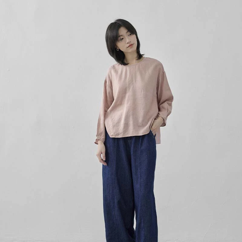 拙外【雨露】气质女士亚麻上衣浅灰色衬衣女款2025新款衬衫98270