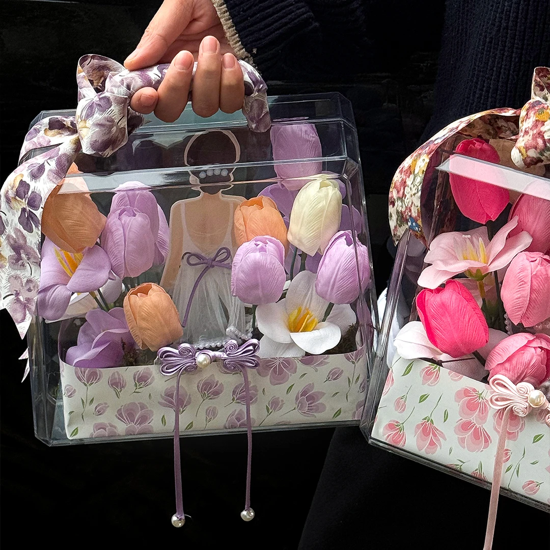 H H 手提透明亚克力花盒 加厚款礼盒 鲜花花束包装材料
