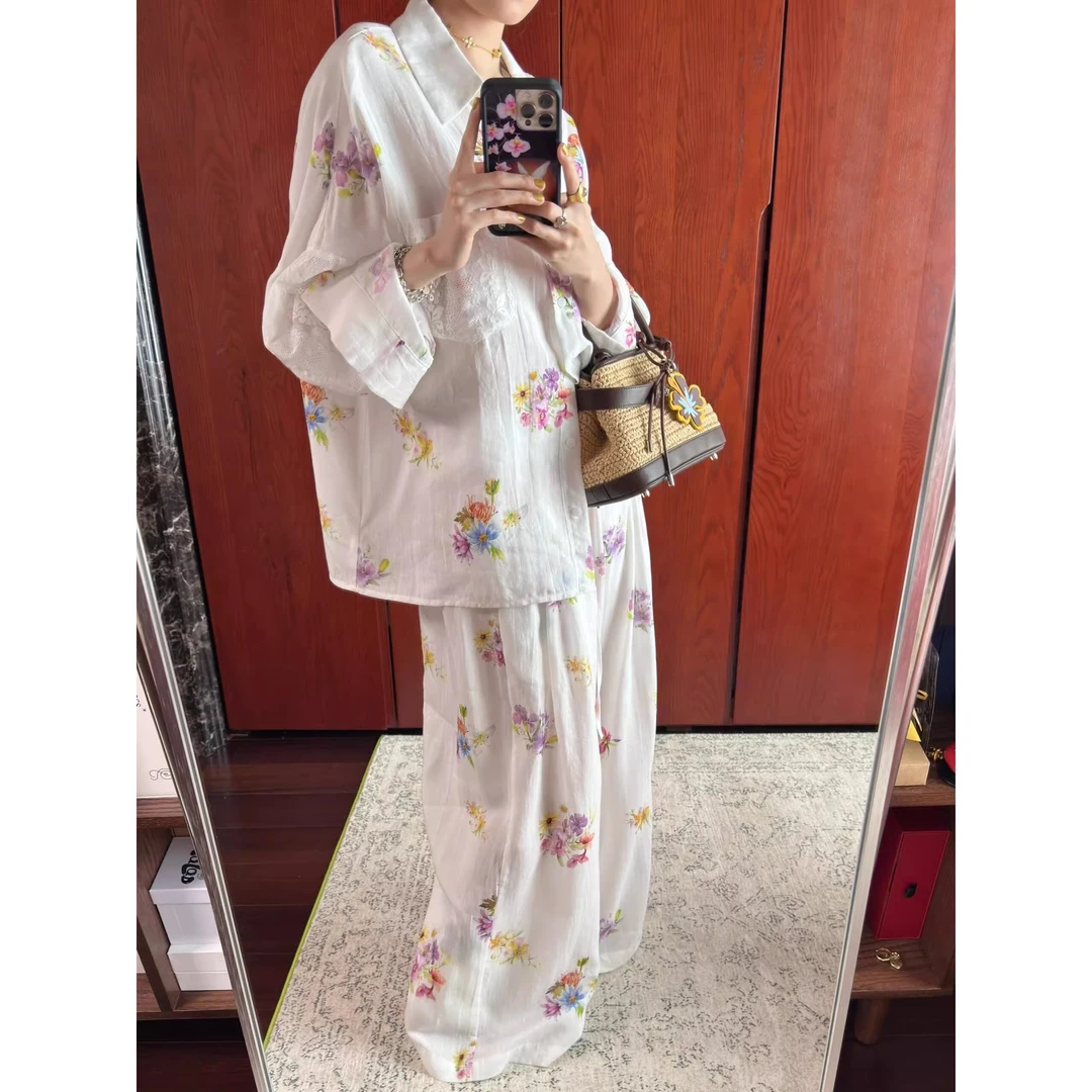 新中式印花开衫睡衣女2025夏天穿搭慵懒风家居服长袖长裤套装外穿