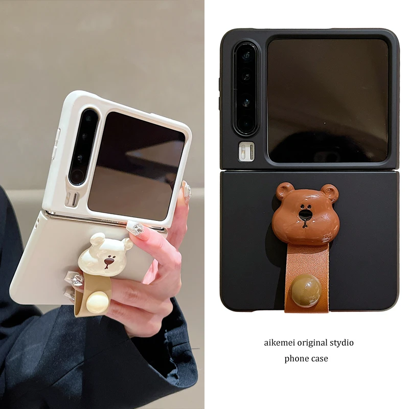 适用华为PuraX折叠屏手机壳p50pocket立体小熊novaFlip皮质指环扣