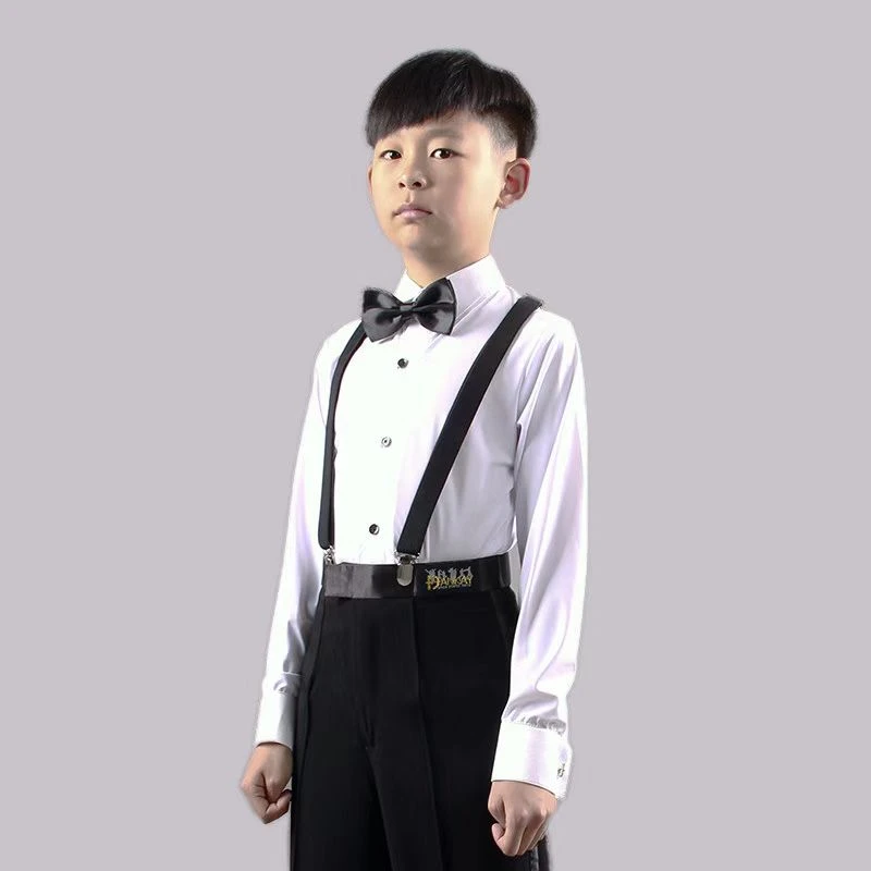 丹凯儿童款国标拉丁摩登舞上衣男白色长袖衬衫领考级比赛规练服