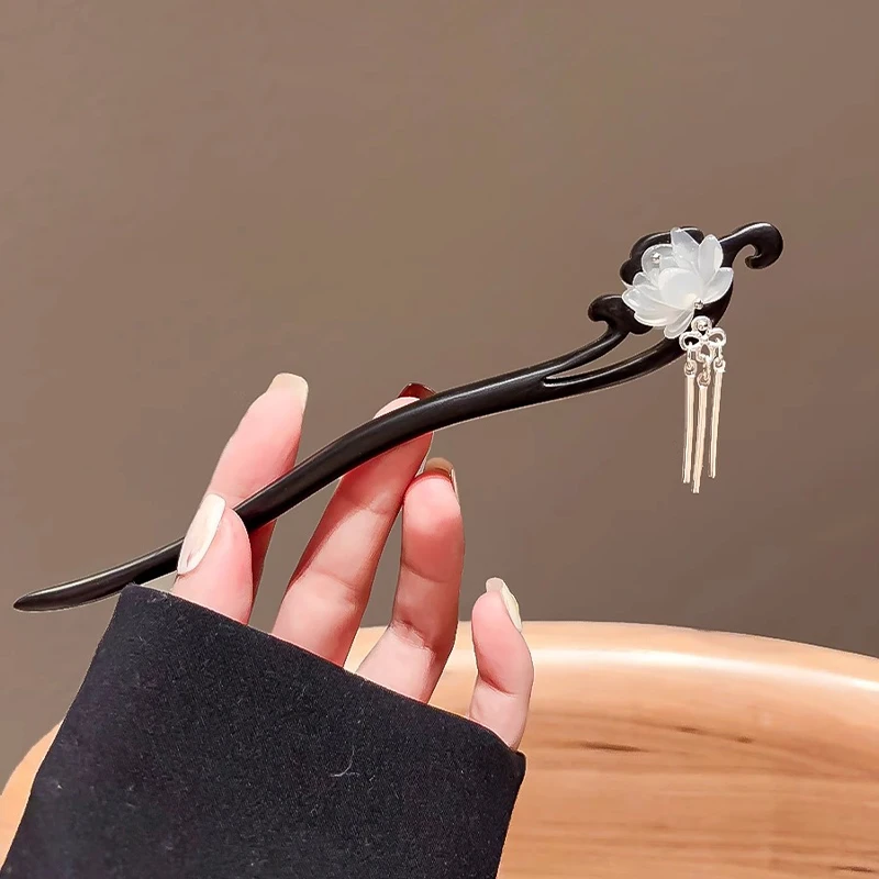 古风莲花发簪女中式步摇流苏盘发簪子日常百搭高级感发钗配饰