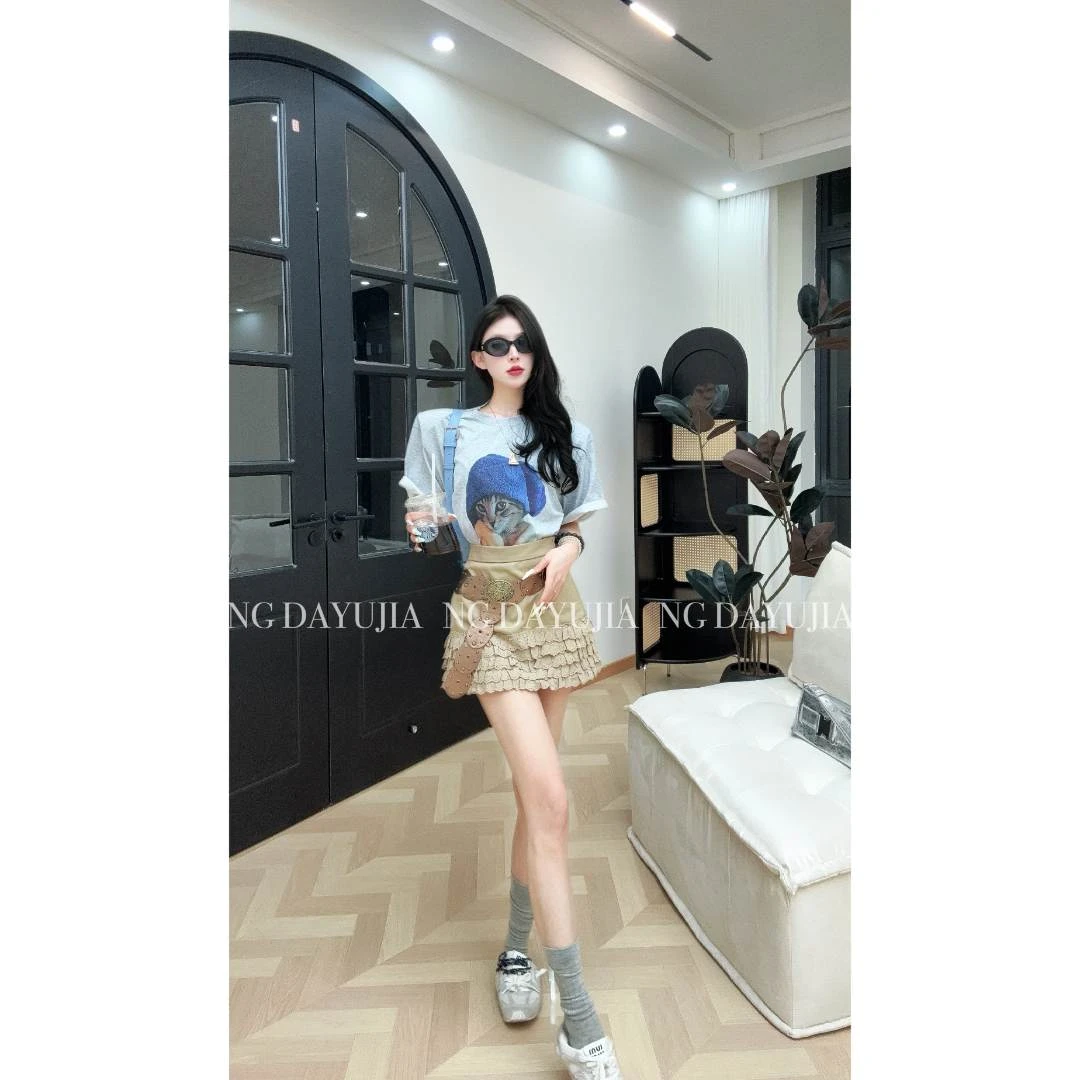 NG DAYU 现货【小猫日记】韩版猫咪印花短袖/咖色花边西装短裙