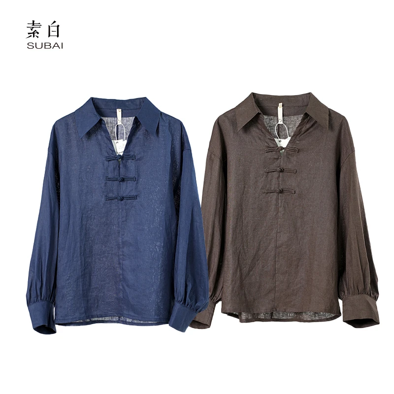 素白国风【慢语】S01767套头极简100%亚麻长袖衬衫