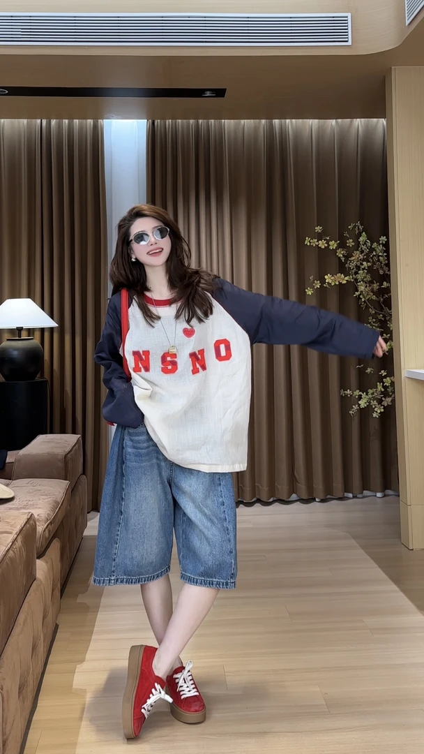 YYOUHAN 2025夏款小众设计极简风撞色拼接百搭字母T恤 2504C1832