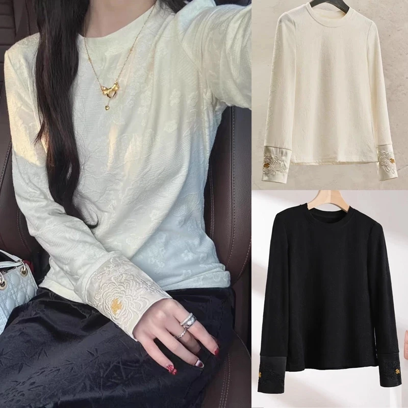 高颜值！新中式国风刺绣长袖打底衫女士春秋圆领针织衫修身提花T恤